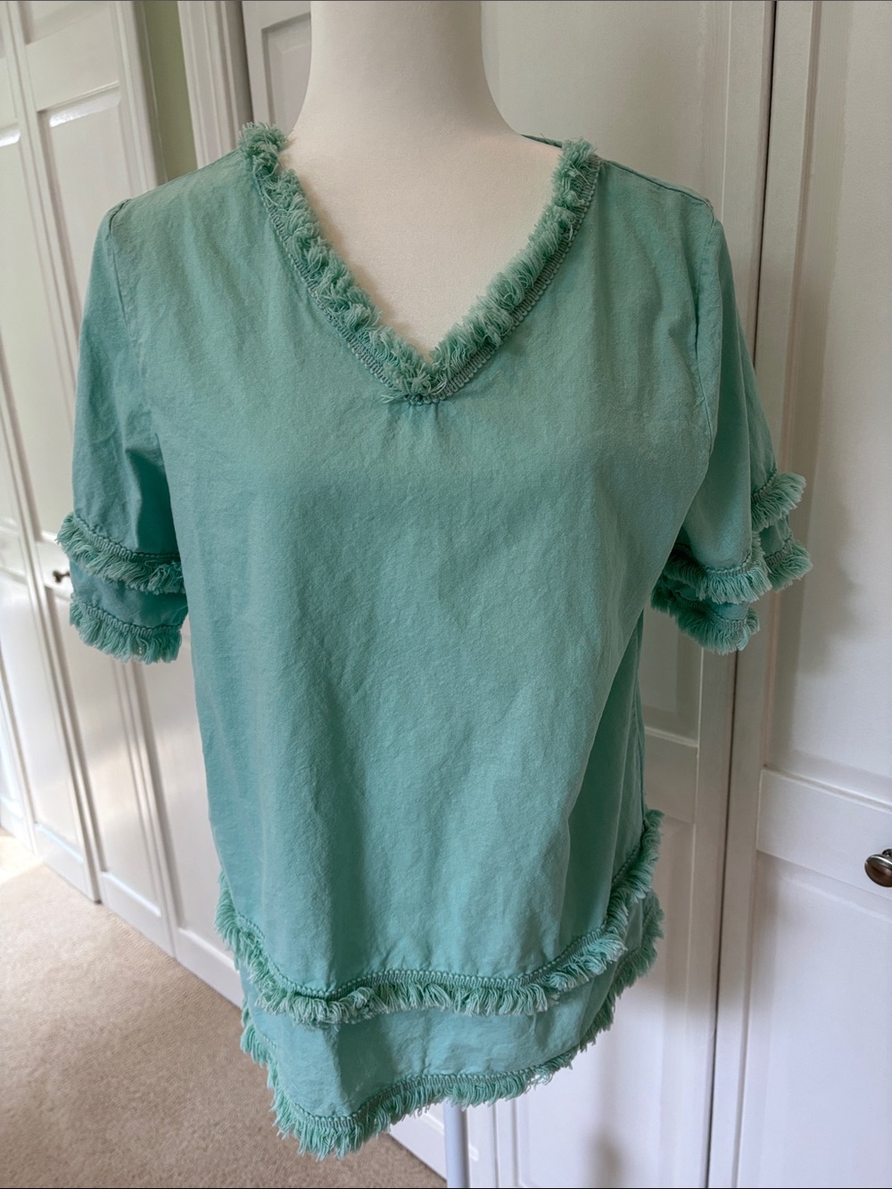 Fringed V-Neck Top in Seafoam